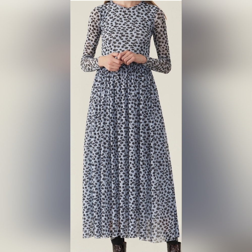 Ganni Light Blue and Black Floral-Print Maxi Dress